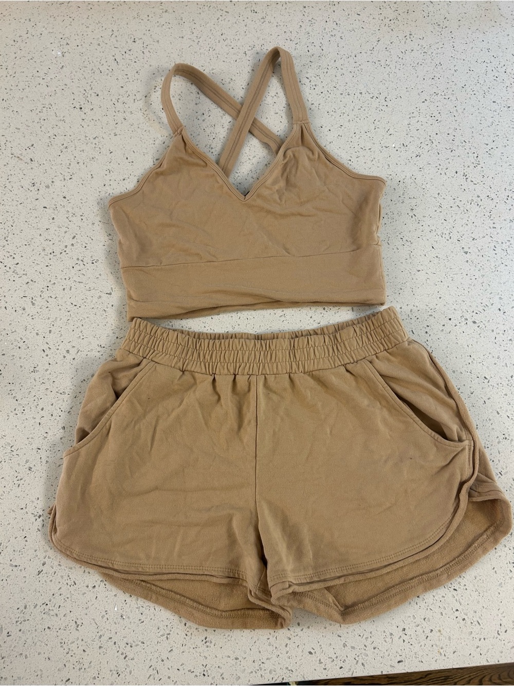 Beige Two-Piece Lounge Set - Crop Bralette & Shorts